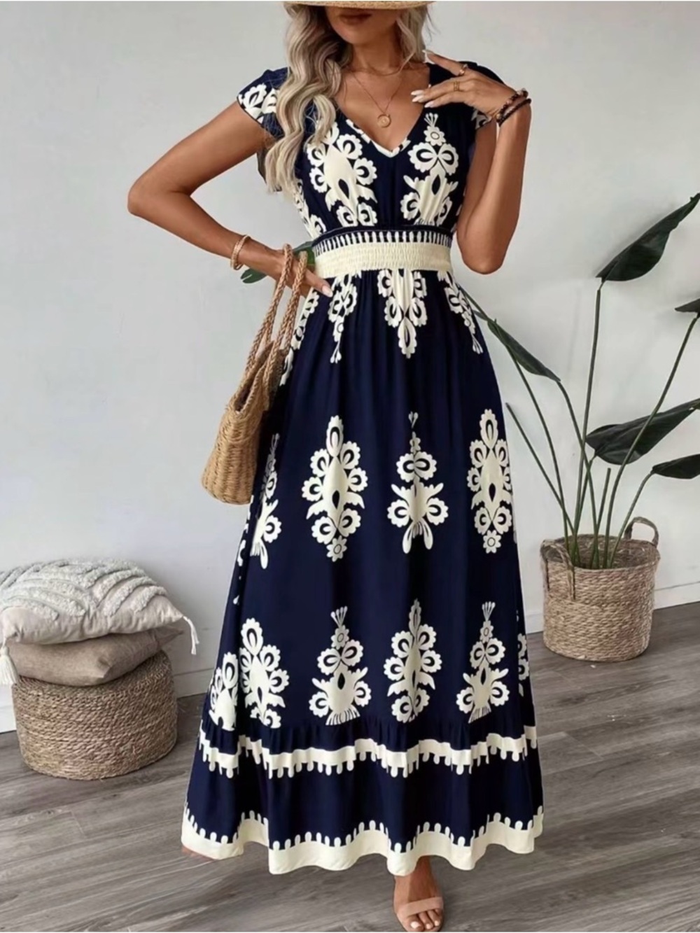 Navy Blue & Cream Embroidered Maxi Dress